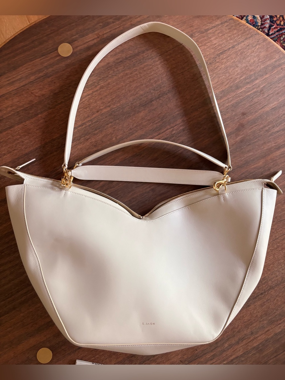 S. Joon Cream Leather large tulip Shoulder Tote with Gold Accents